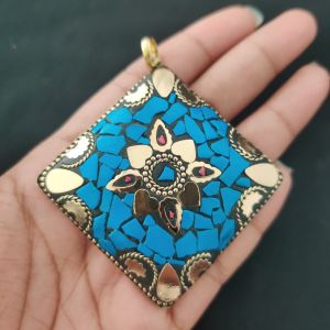 Navrabeads Tibetan Oval Shaped Pendant – Multicolour with Gold Designs | Traditional Jewellery Pendant
