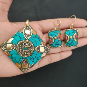 Navrabeads Tibetan Diamond Shaped Pendant with Matching Earrings – Multicolour with Gold Designs | Traditional Jewellery Set