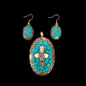 Tibetan Diamond Shaped Pendant, Multicolour With Gold Designs 