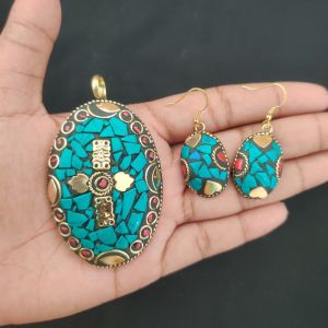 Tibetan Diamond Shaped Pendant, Multicolour With Gold Designs 