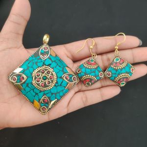 Tibetan Diamond Shaped Pendant, Multicolour With Gold Designs 