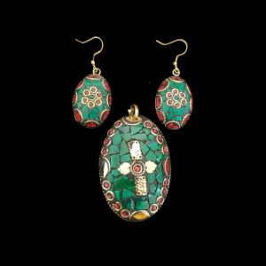 Tibetan Diamond Shaped Pendant, Multicolour With Gold Designs 