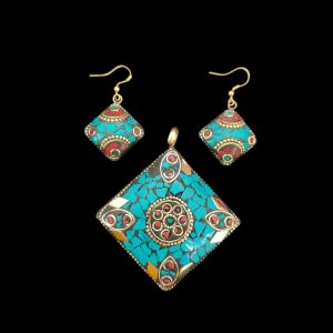 Tibetan Diamond Shaped Pendant, Multicolour With Gold Designs 