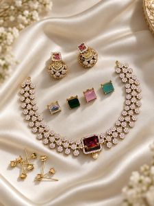 Navrabeads Colour Changeable Zircon CZ Necklace Set with Jhumka Earrings | Elegant Fashion Jewellery for Women