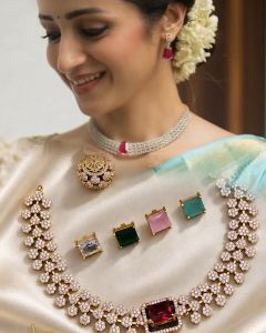 Navrabeads Colour Changeable Zircon CZ Necklace Set with Jhumka Earrings | Elegant Fashion Jewellery for Women