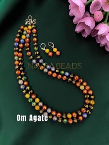 Navrabeads OM Agate Gemstone 2-Layer Necklace with Matching Earrings | 20 Inch