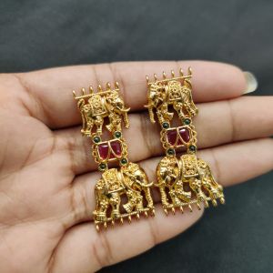 Navrabeads 1 Pair Elephant Side Pendant – Antique Finish Ruby Pink & Green , 42x17mm Temple Jewellery for Women, Festive & Bridal Wear
