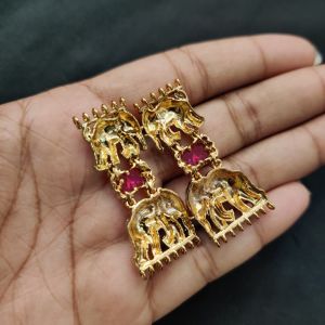 Navrabeads 1 Pair Elephant Side Pendant – Antique Finish Ruby Pink & White , 42x17mm Temple Jewellery for Women, Festive & Bridal Wear