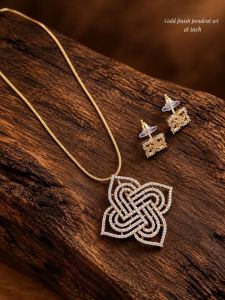 Navrabeads CZ Pendant Set with Matching Earrings | Gold Finish | 18 Inches 