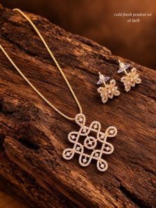 Navrabeads CZ Pendant Set with Matching Earrings | Gold Finish | 18 Inches 
