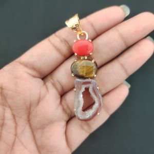 Navrabeads Premium Quality Natural 3 Step Gemstone Pendant Gold Finish with Anti-Tarnish Free Gold Polish for Women