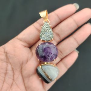 Navrabeads Premium Quality Natural 3 Step Gemstone Pendant Gold Finish with Anti-Tarnish Free Gold Polish for Women
