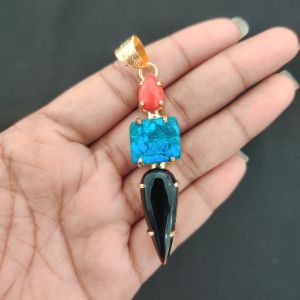 Navrabeads Premium Quality Natural 3 Step Gemstone Pendant Gold Finish with Anti-Tarnish Free Gold Polish for Women