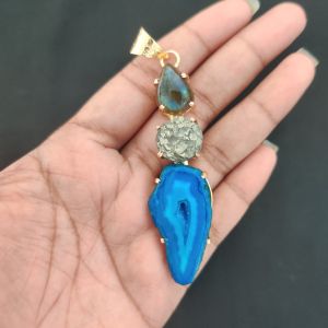 Navrabeads Premium Quality Natural 3 Step Gemstone Pendant Gold Finish with Anti-Tarnish Free Gold Polish for Women