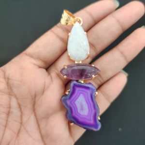 Navrabeads Premium Quality Natural 3 Step Gemstone Pendant Gold Finish with Anti-Tarnish Free Gold Polish for Women