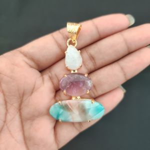 Navrabeads Premium Quality Natural 3 Step Gemstone Pendant Gold Finish with Anti-Tarnish Free Gold Polish for Women