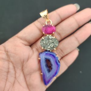 Navrabeads Premium Quality Natural 3 Step Gemstone Pendant Gold Finish with Anti-Tarnish Free Gold Polish for Women