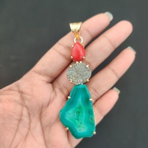 Navrabeads Premium Quality Natural 3 Step Gemstone Pendant Gold Finish with Anti-Tarnish Free Gold Polish for Women