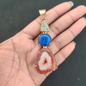 Navrabeads Premium Quality Natural 3 Step Gemstone Pendant Gold Finish with Anti-Tarnish Free Gold Polish for Women