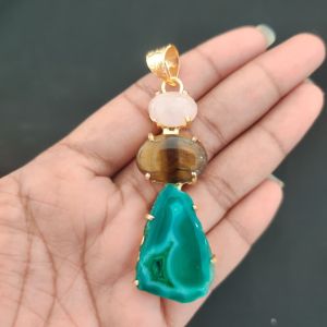 Navrabeads Premium Quality Natural 3 Step Gemstone Pendant Gold Finish with Anti-Tarnish Free Gold Polish for Women