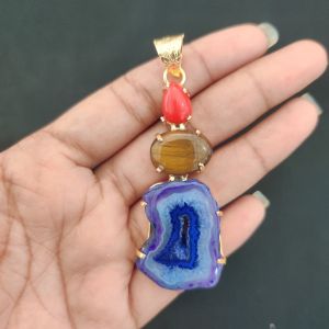 Navrabeads Premium Quality Natural 3 Step Gemstone Pendant Gold Finish with Anti-Tarnish Free Gold Polish for Women