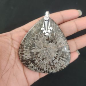 Grey Fossil Coral Pendant, Gemstone Pendant, 2", Silver finish