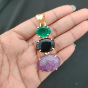 Navrabeads Premium Quality Natural 3 Step Gemstone Pendant Gold Finish with Anti-Tarnish Free Gold Polish for Women