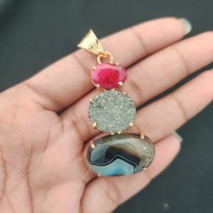 Navrabeads Premium Quality Natural 3 Step Gemstone Pendant Gold Finish with Anti-Tarnish Free Gold Polish for Women