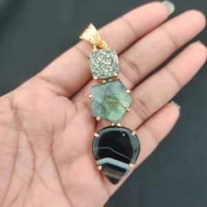Navrabeads Premium Quality Natural 3 Step Gemstone Pendant Gold Finish with Anti-Tarnish Free Gold Polish for Women