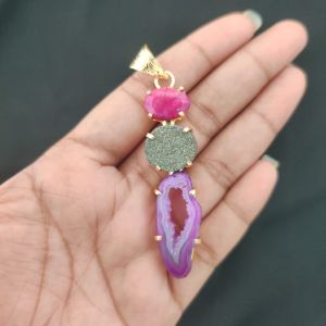 Navrabeads Premium Quality Natural 3 Step Gemstone Pendant Gold Finish with Anti-Tarnish Free Gold Polish for Women