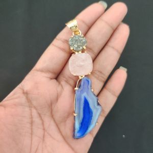 Navrabeads Premium Quality Natural 3 Step Gemstone Pendant Gold Finish with Anti-Tarnish Free Gold Polish for Women