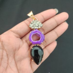 Navrabeads Premium Quality Natural 3 Step Gemstone Pendant Gold Finish with Anti-Tarnish Free Gold Polish for Women