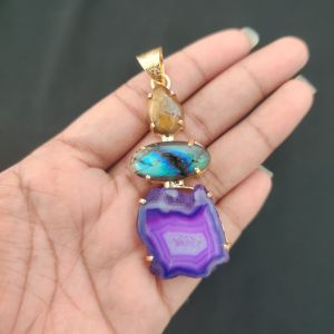 Navrabeads Premium Quality Natural 3 Step Gemstone Pendant Gold Finish with Anti-Tarnish Free Gold Polish for Women