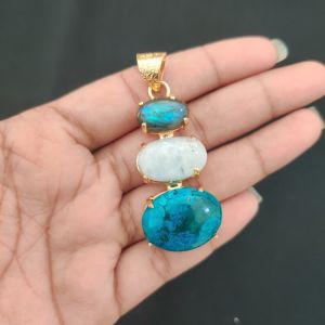 Navrabeads Premium Quality Natural 3 Step Gemstone Pendant Gold Finish with Anti-Tarnish Free Gold Polish for Women