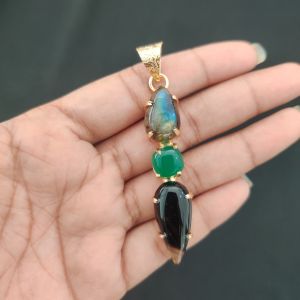 Navrabeads Premium Quality Natural 3 Step Gemstone Pendant Gold Finish with Anti-Tarnish Free Gold Polish for Women