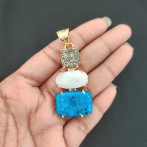 Navrabeads Premium Quality Natural 3 Step Gemstone Pendant Gold Finish with Anti-Tarnish Free Gold Polish for Women