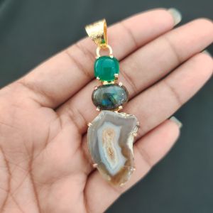 Navrabeads Premium Quality Natural 3 Step Gemstone Pendant Gold Finish with Anti-Tarnish Free Gold Polish for Women