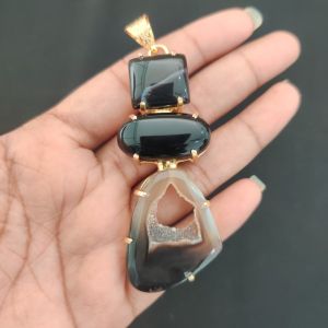 Navrabeads Premium Quality Natural 3 Step Gemstone Pendant Gold Finish with Anti-Tarnish Free Gold Polish for Women