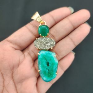 Navrabeads Premium Quality Natural 3 Step Gemstone Pendant Gold Finish with Anti-Tarnish Free Gold Polish for Women