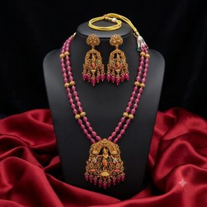 Navrabeads Antique Gold Krishna Pendant with Quartz Necklace & Matching Earrings | 20 Inches