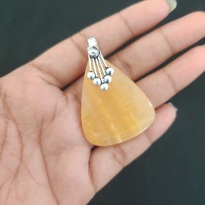 Yellow Calcite, Gemstone Pendant, 1.5", Silver finish