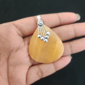 Yellow Calcite, Gemstone Pendant, 1.5", Silver finish