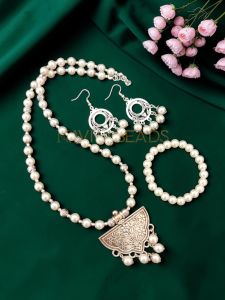 Navrabeads Swarovski Replica Pearl Necklace Set with Oxidised Silver Pendant, Matching Earrings & Bracelet | 20 Inches