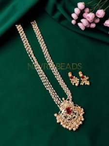 Navrabeads Red Polki Pendant with 4-Line Pearl Chain Necklace | 20 Inches | Elegant Traditional Pearl Necklace for Women