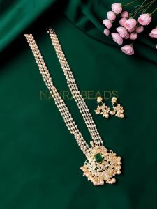 Navrabeads Green Polki Pendant with 4-Line Pearl Chain Necklace | 20 Inches | Elegant Traditional Pearl Necklace for Women