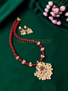Navrabeads Polki Pendant Necklace with Dark Red Crystal Beads & Matching Earrings | 20 Inches