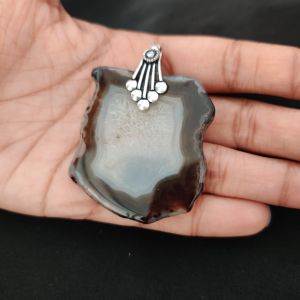 2" to 2.5" Natural Agate Slice Pendant, Silver Finish, sold by 1 Pc