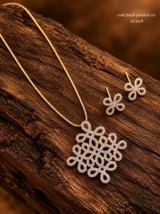 Navrabeads CZ Pendant Set with Matching Earrings | Gold Finish | 18 Inches 