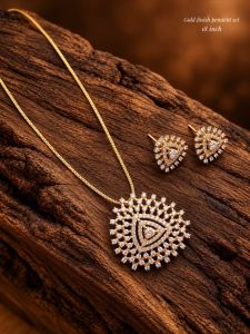 Navrabeads CZ Pendant Set with Matching Earrings | Gold Finish | 18 Inches 