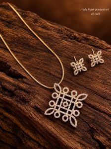 Navrabeads CZ Pendant Set with Matching Earrings | Gold Finish | 18 Inches 